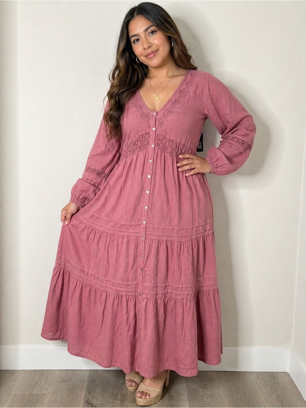 Lucky Brand  Dusty Rose Button-Front Maxi Dress L NWT